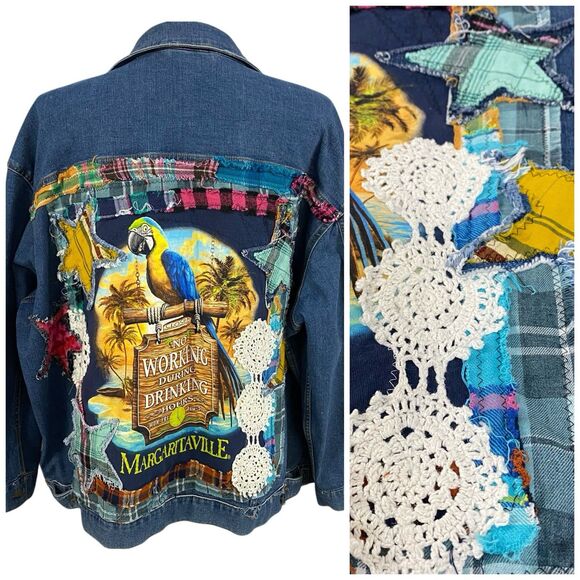 Upcycled Denim Jacket Womens 3X Margaritaville Grunge Patchwork Folk Art Boho - Picture 2 of 15